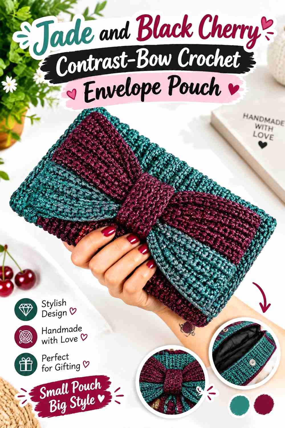 11. Jade And Black Cherry Contrast Bow Crochet Envelope Pouch