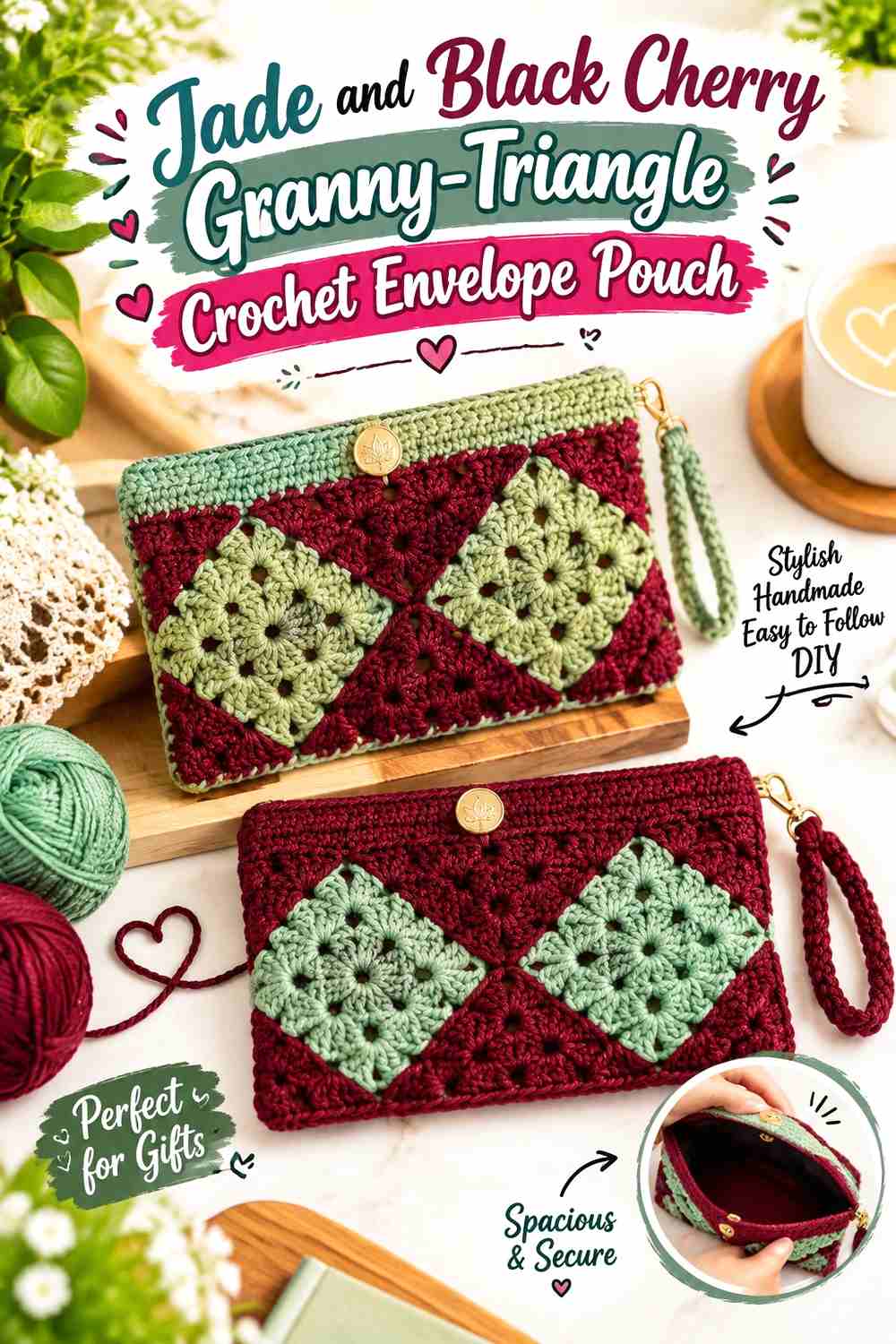 6. Jade And Black Cherry Granny Triangle Crochet Envelope Pouch