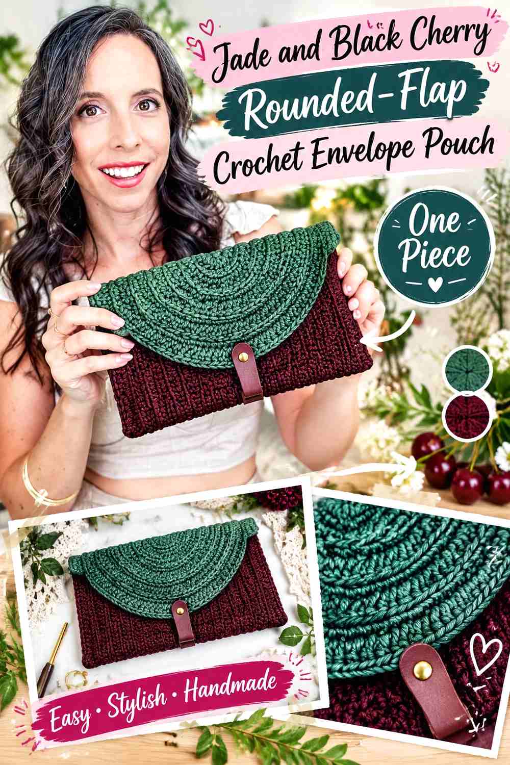 3. Jade And Black Cherry Rounded Flap Crochet Envelope Pouch