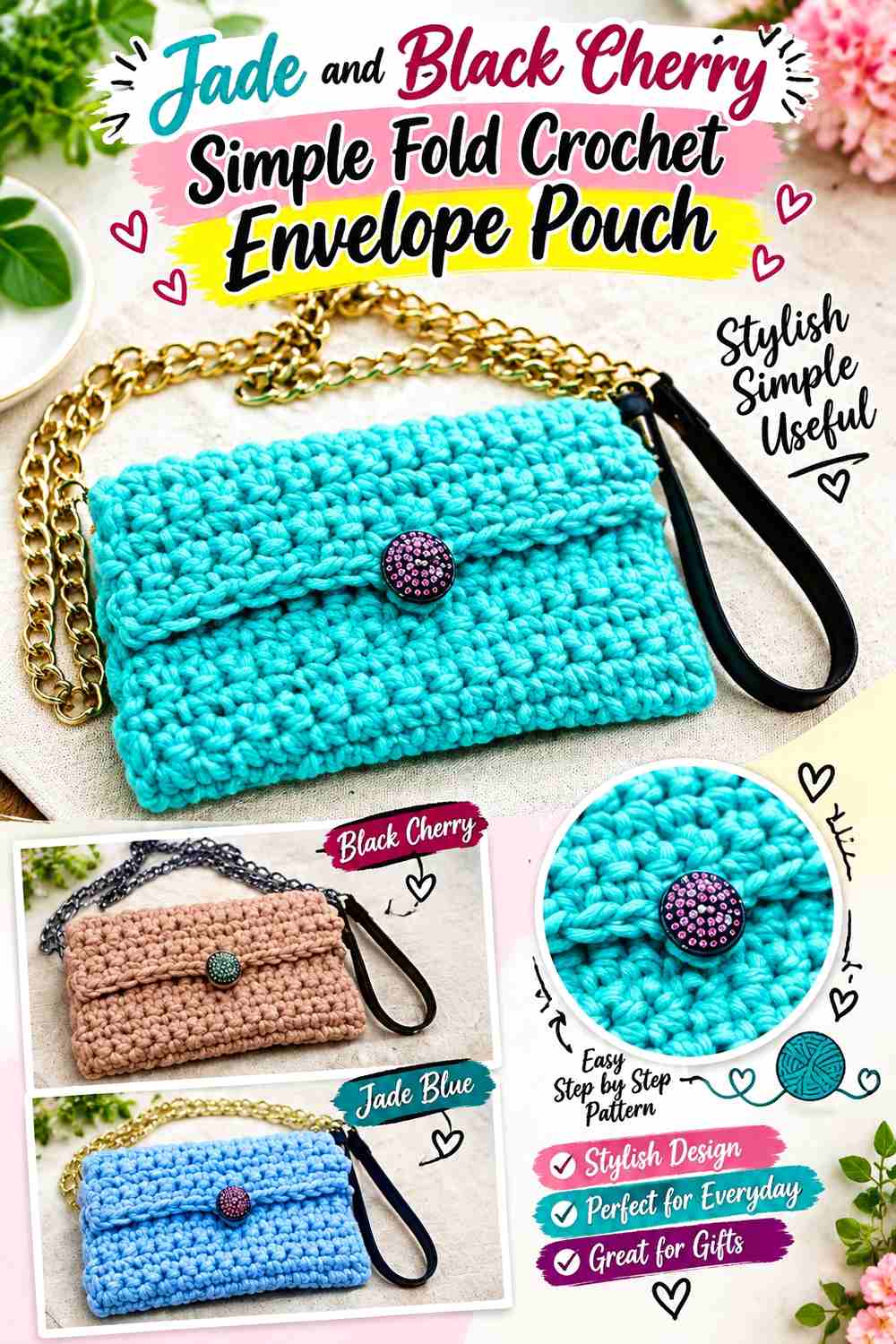 17. Jade And Black Cherry Simple Fold Crochet Envelope Pouch