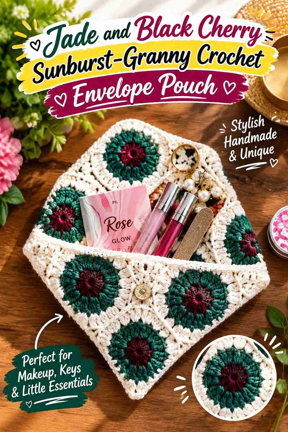 16. Jade And Black Cherry Sunburst Granny Crochet Envelope Pouch
