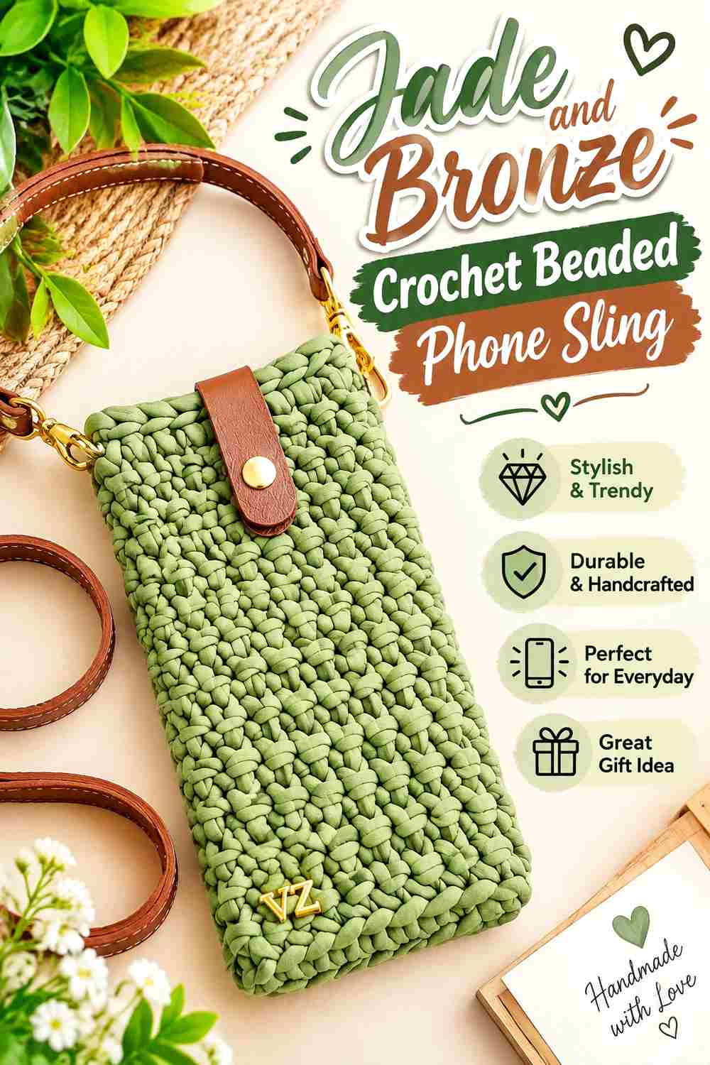 5. Jade And Bronze Crochet Beaded Phone Sling