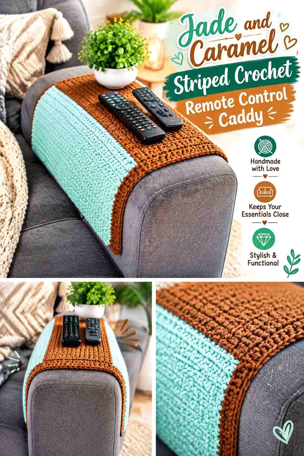 3. Jade And Caramel Striped Crochet Remote Control Caddy