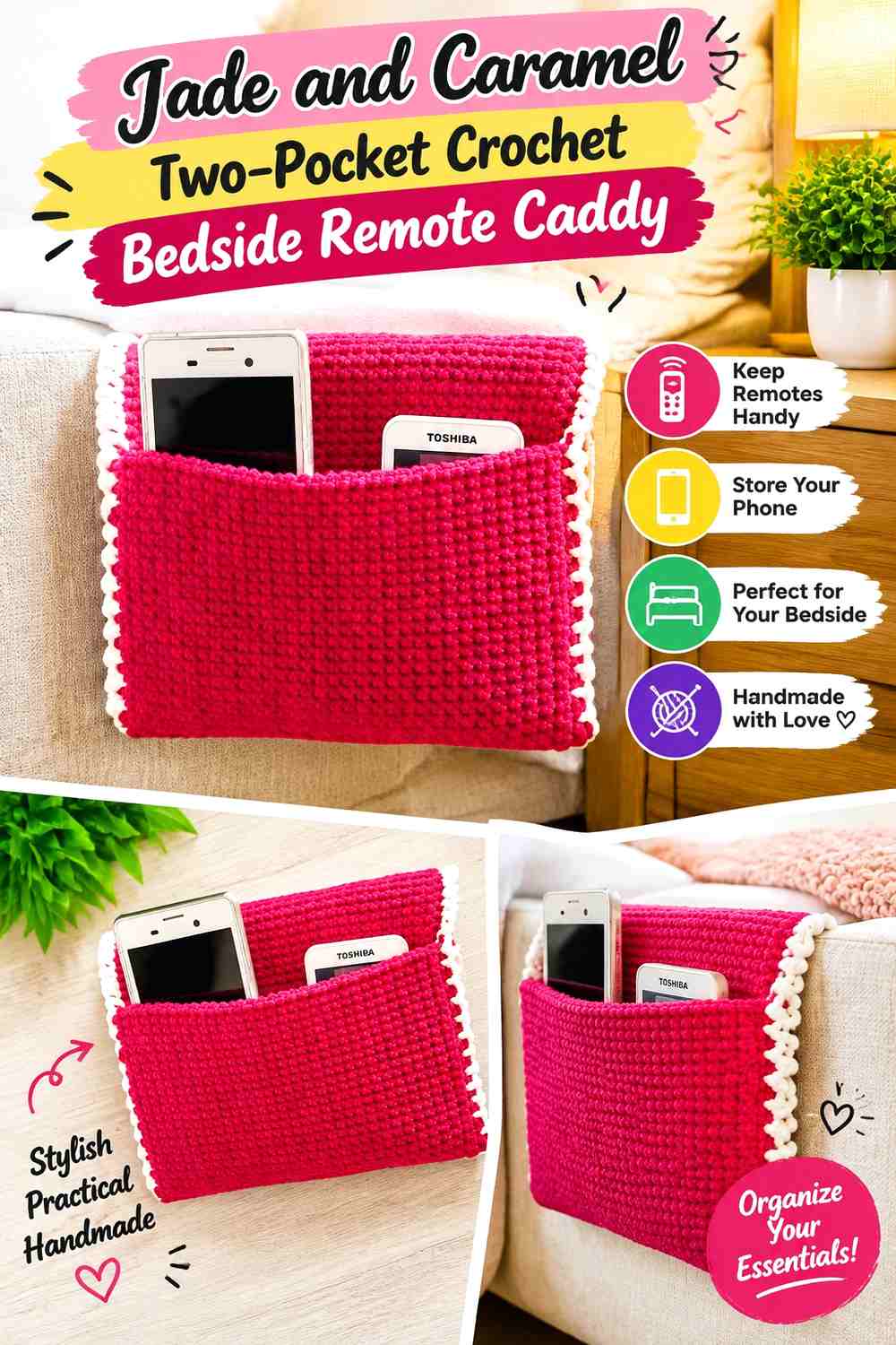 6. Jade And Caramel Two Pocket Crochet Bedside Remote Caddy