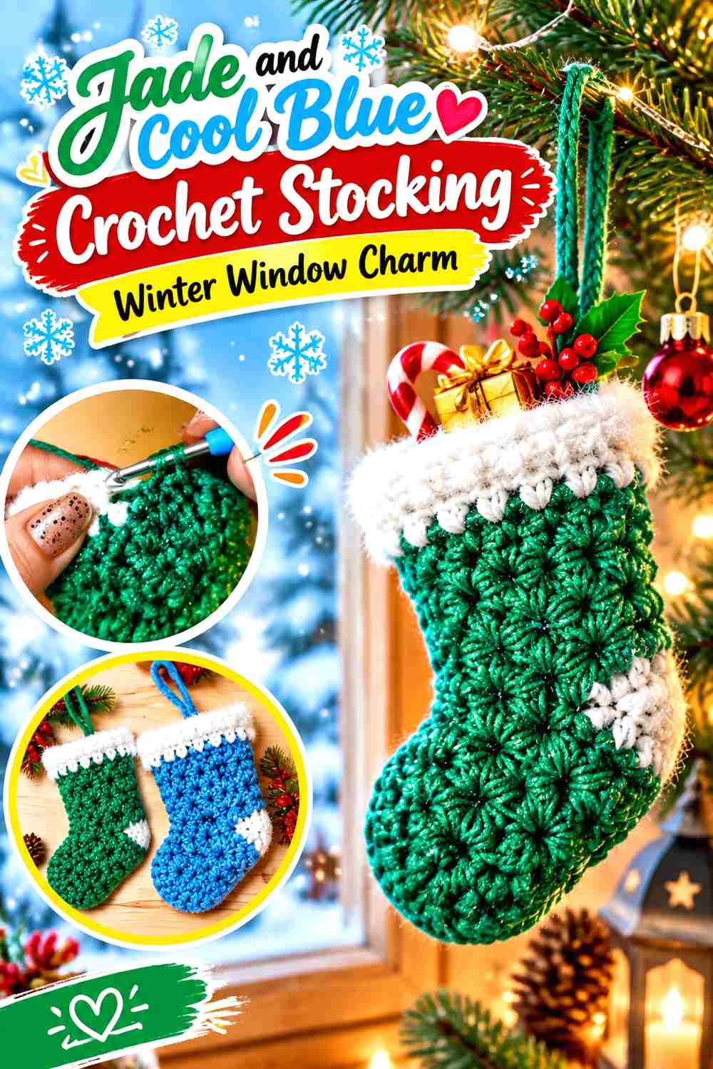 7. Jade And Cool Blue Crochet Stocking Winter Window Charm
