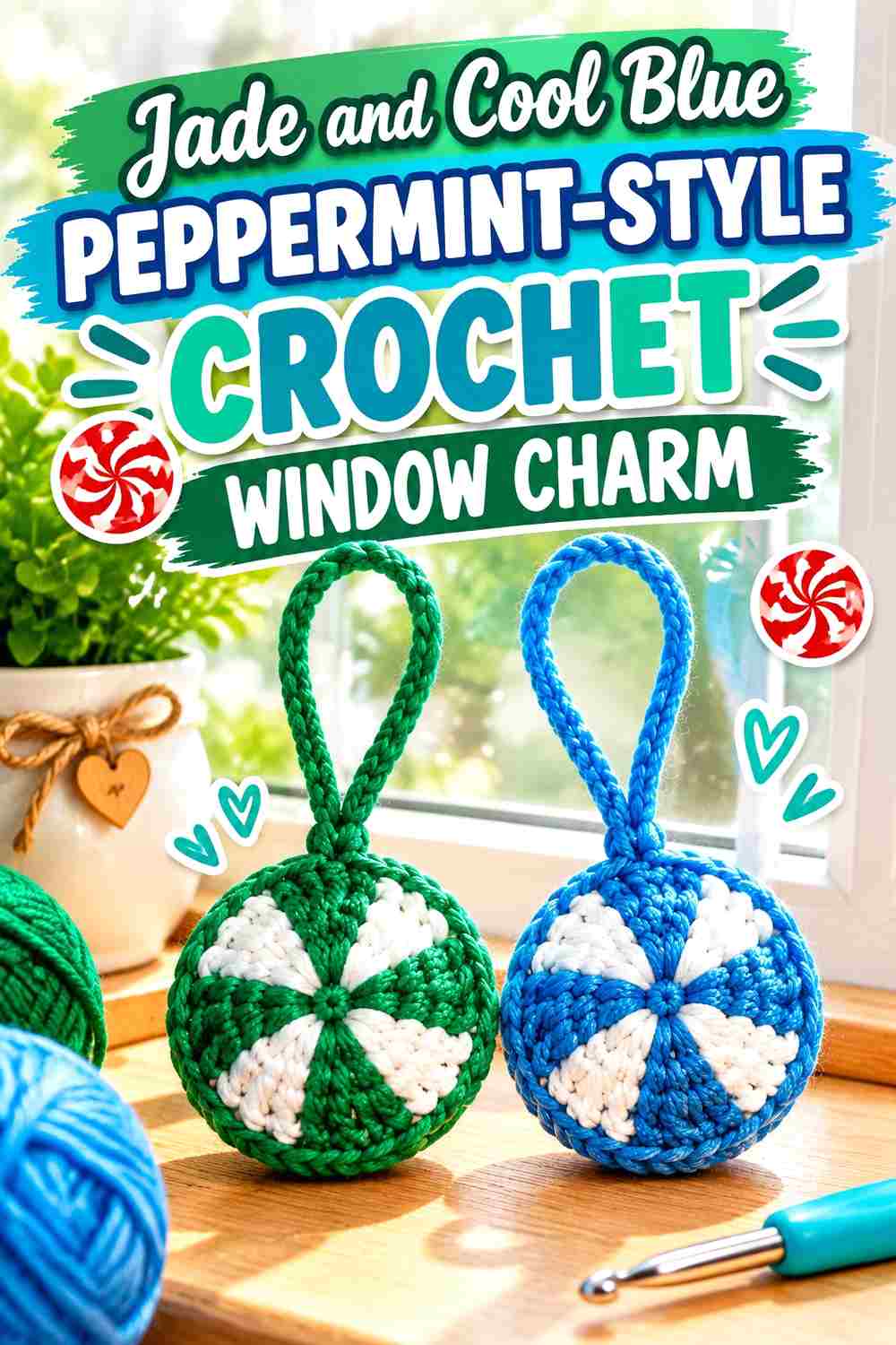 14. Jade And Cool Blue Peppermint Style Crochet Window Charm