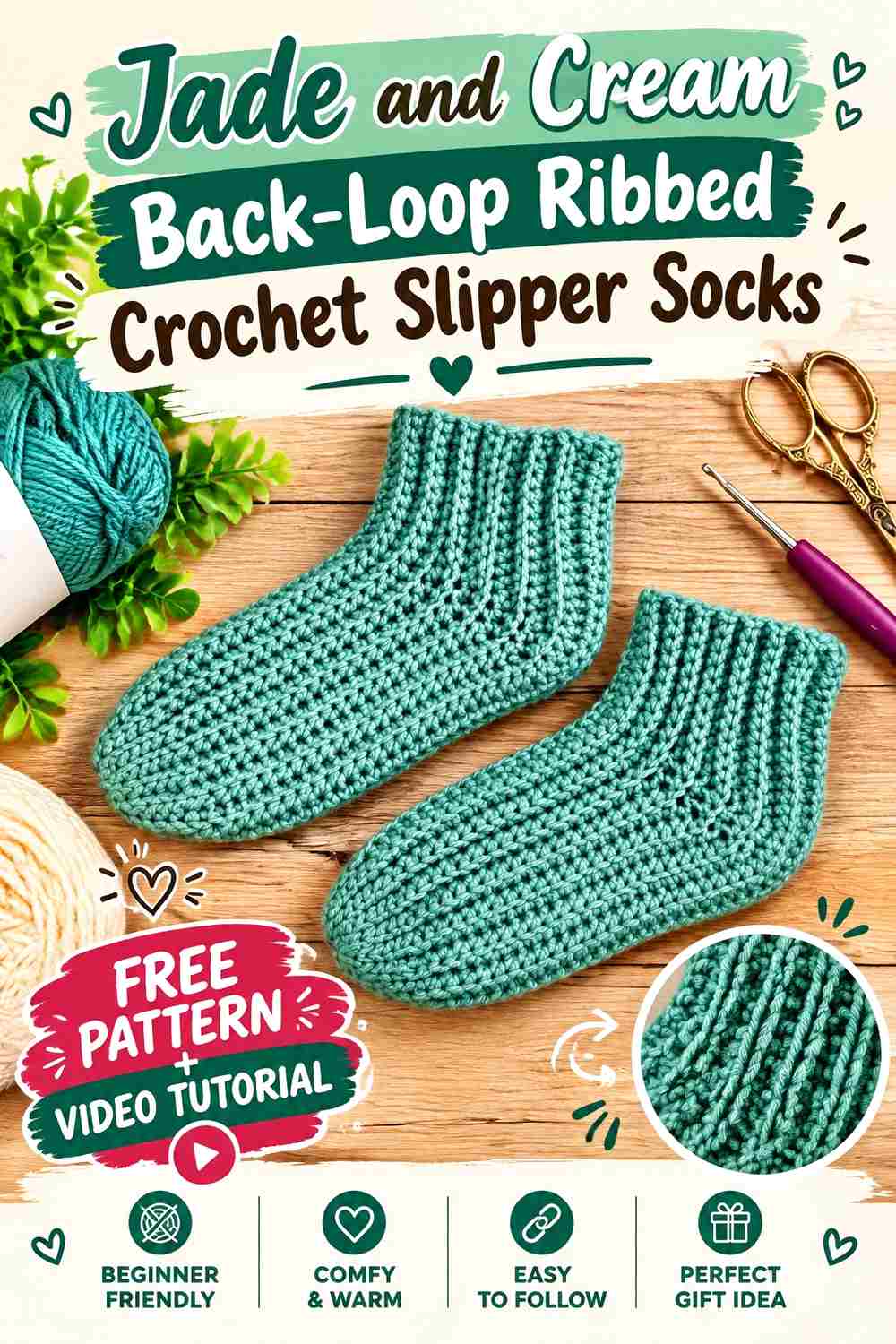 6. Jade And Cream Back Loop Ribbed Crochet Slipper Socks