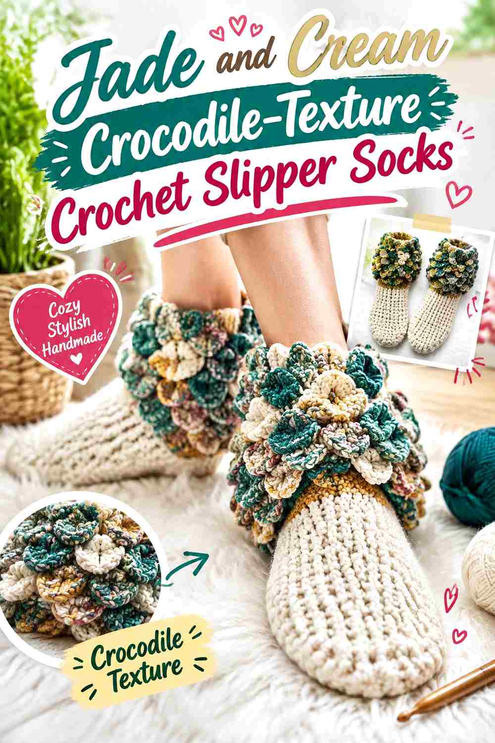 5. Jade And Cream Crocodile Texture Crochet Slipper Socks