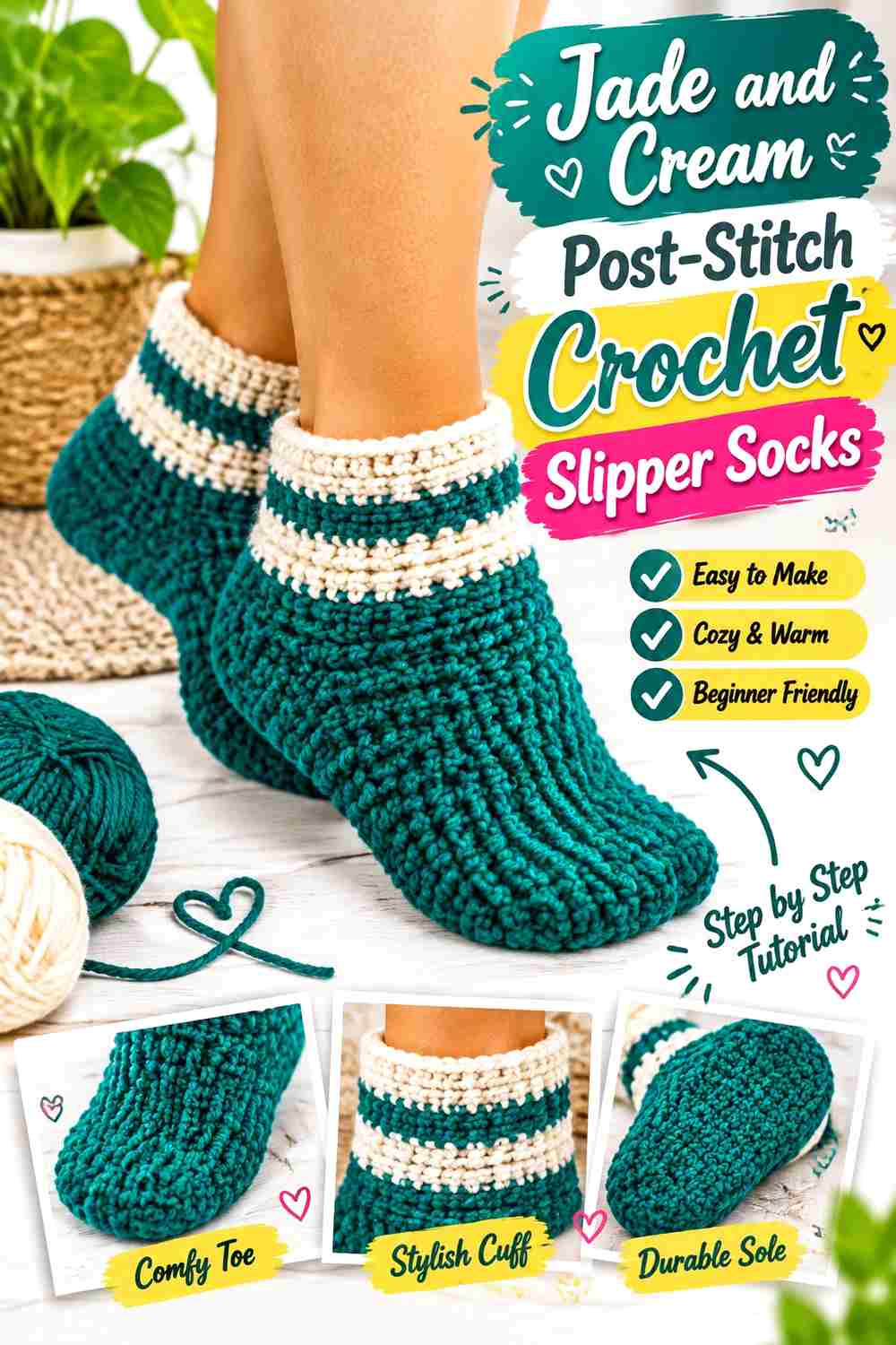 2. Jade And Cream Post Stitch Crochet Slipper Socks