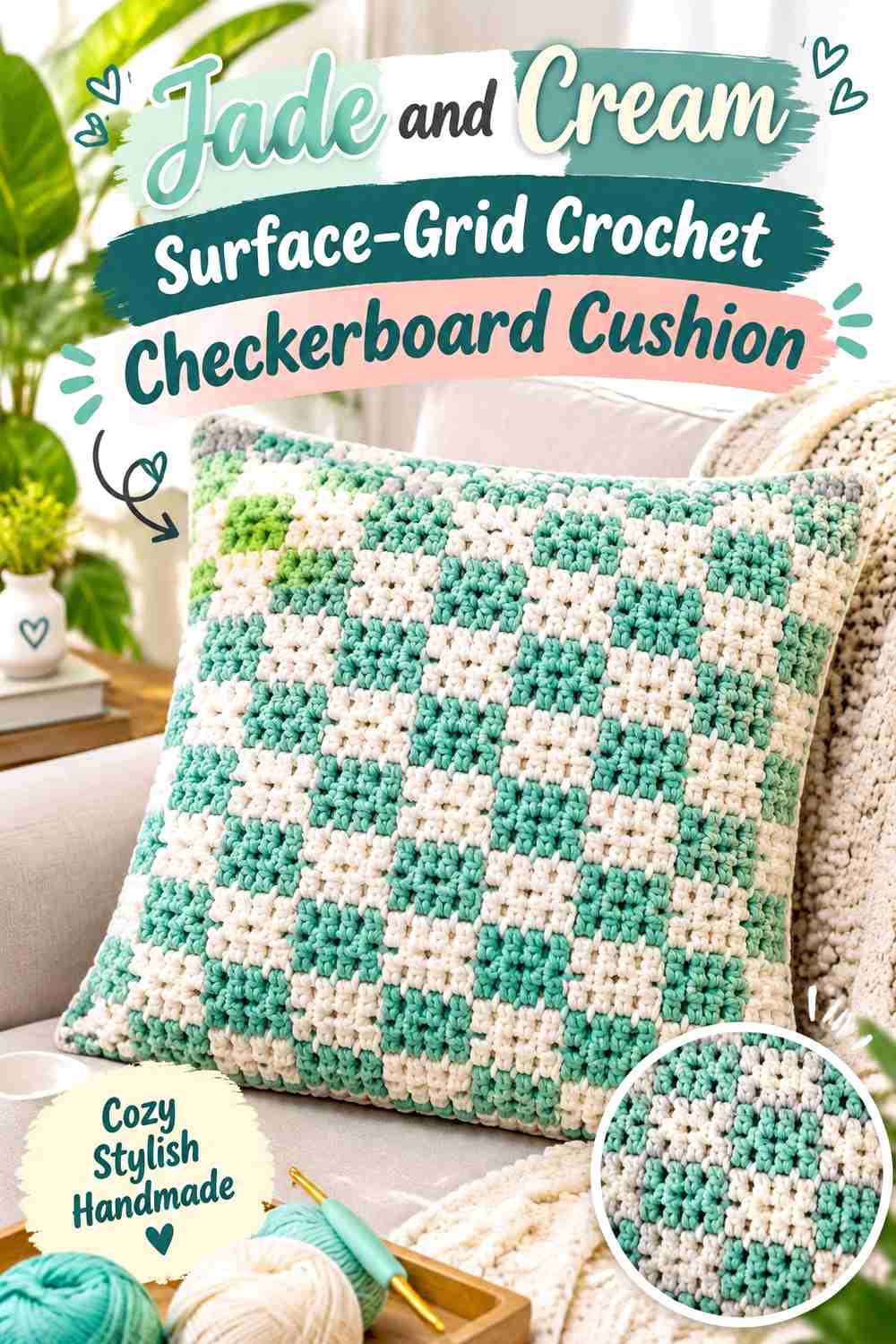 6. Jade And Cream Surface Grid Crochet Checkerboard Cushion