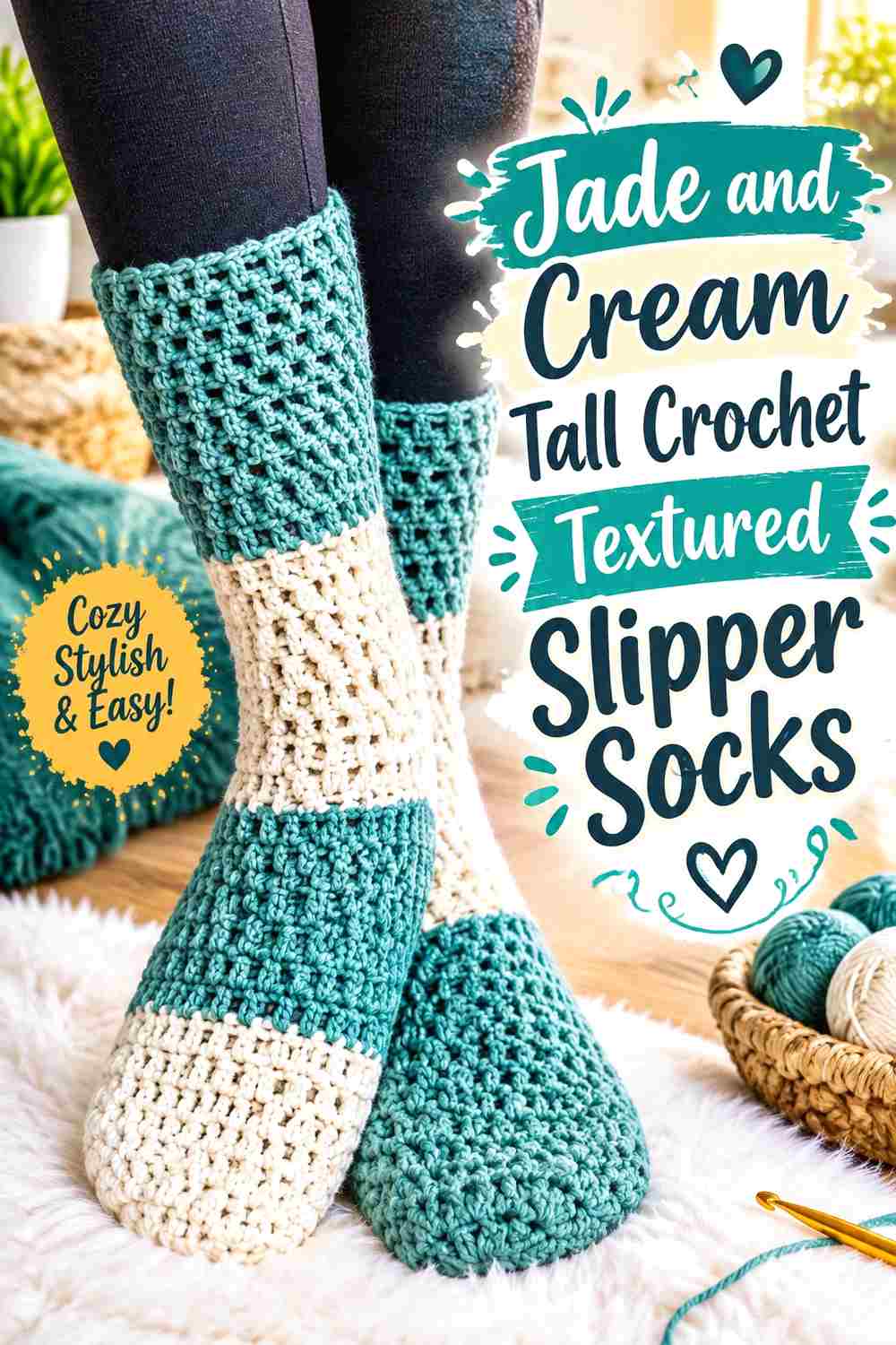 9. Jade And Cream Tall Crochet Textured Slipper Socks