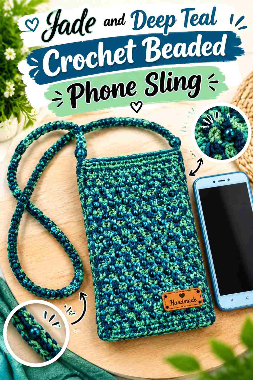 7. Jade And Deep Teal Crochet Beaded Phone Sling