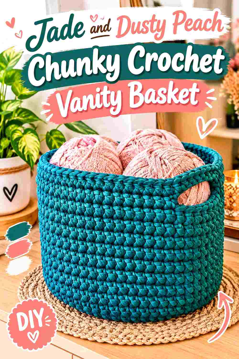 11. Jade And Dusty Peach Chunky Crochet Vanity Basket