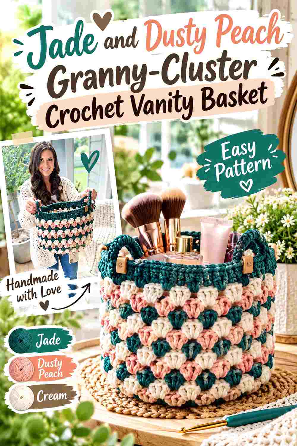 6. Jade And Dusty Peach Granny Cluster Crochet Vanity Basket