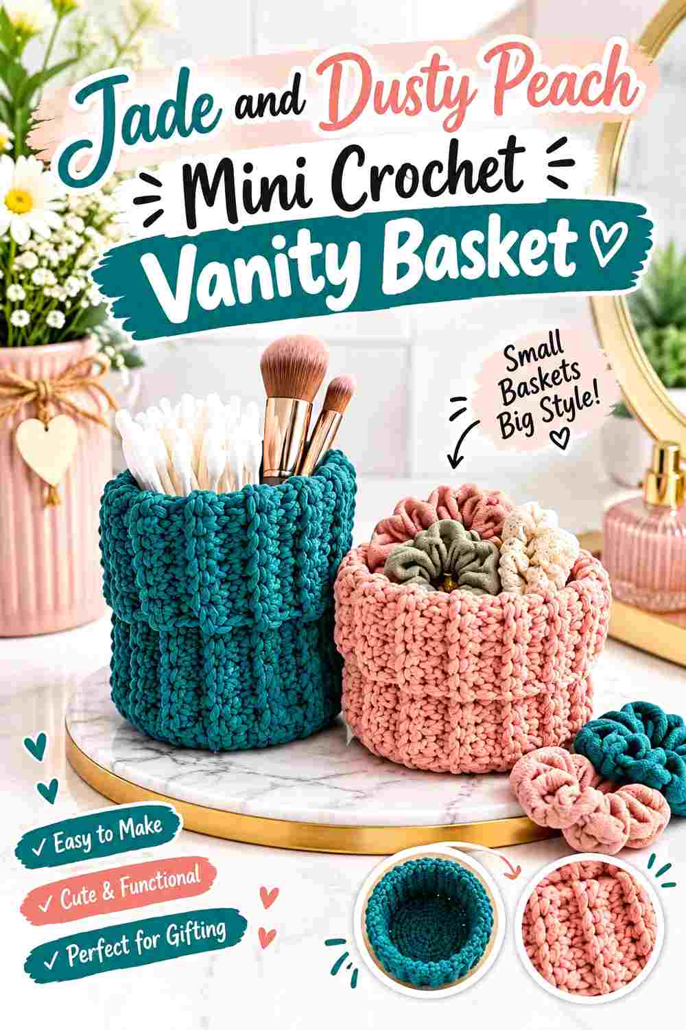 1. Jade And Dusty Peach Mini Crochet Vanity Basket