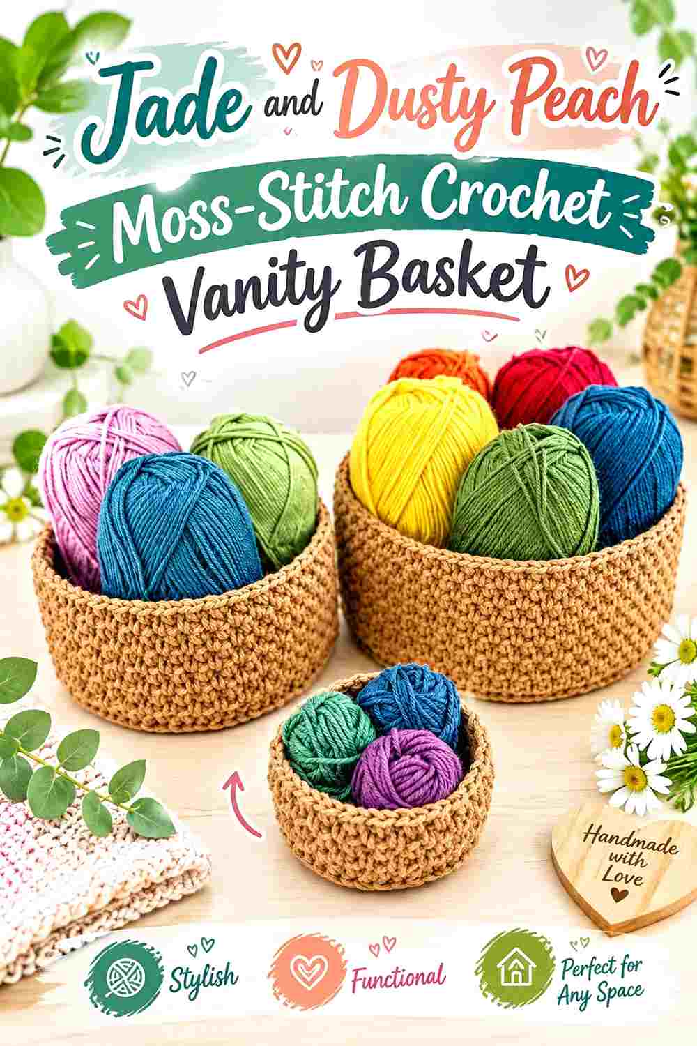 5. Jade And Dusty Peach Moss Stitch Crochet Vanity Basket