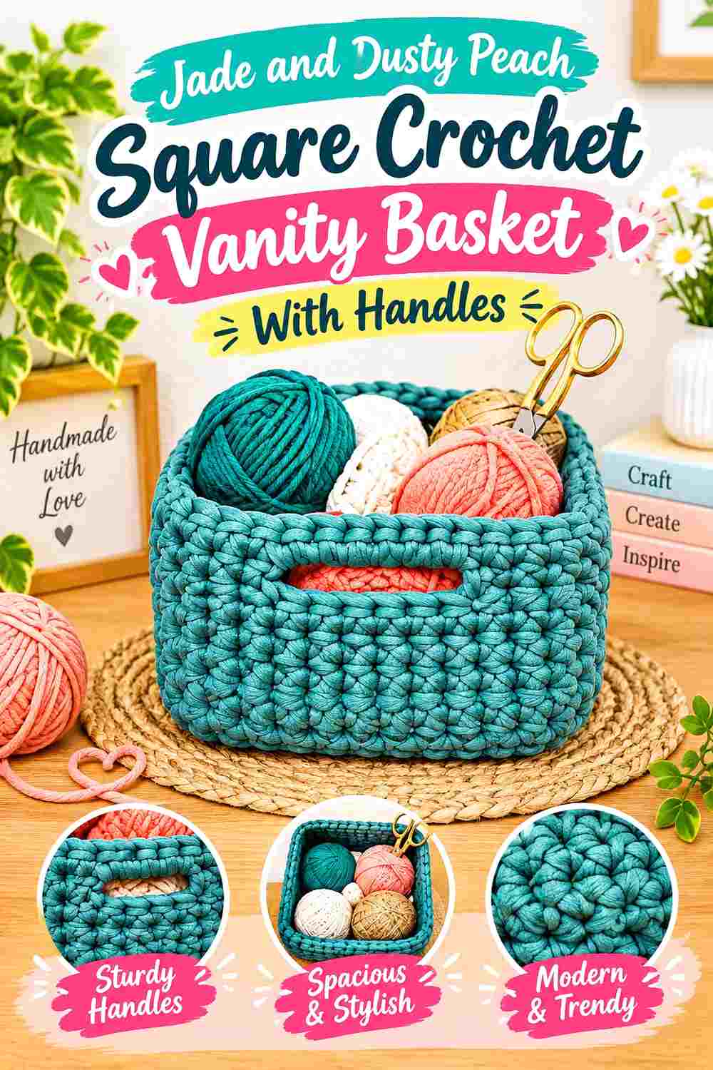 3. Jade And Dusty Peach Square Crochet Vanity Basket With Handles