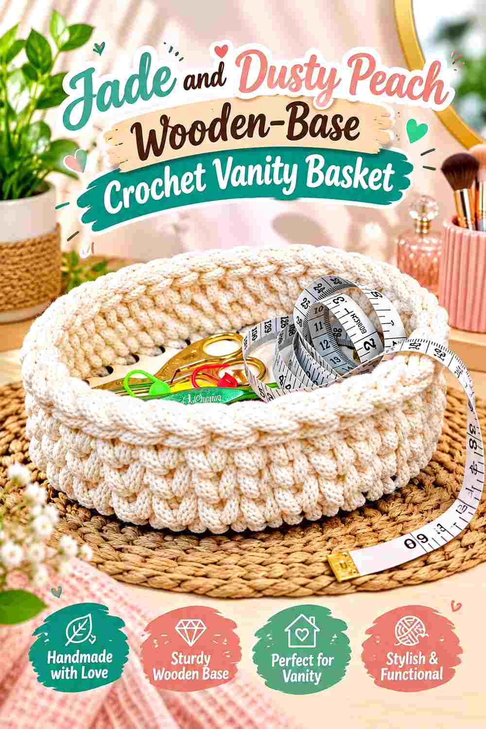 19. Jade And Dusty Peach Wooden Base Crochet Vanity Basket
