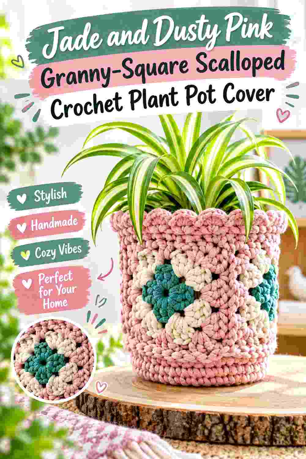 5. Jade And Dusty Pink Granny Square Scalloped Crochet Plant Pot Cover