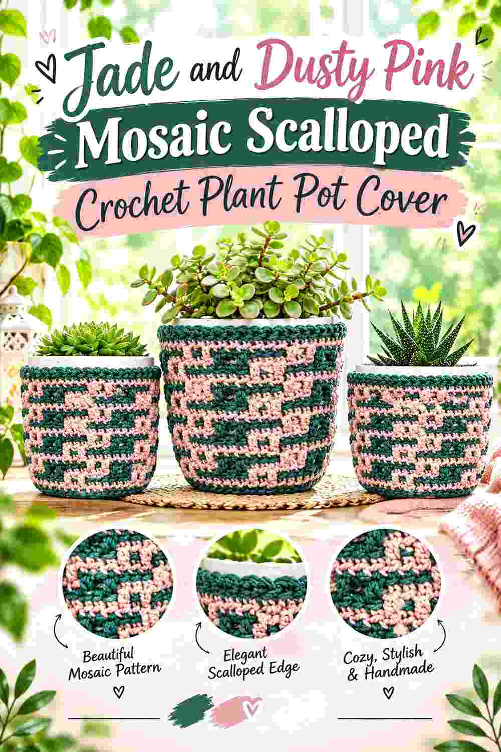 6. Jade And Dusty Pink Mosaic Scalloped Crochet Plant Pot Cover