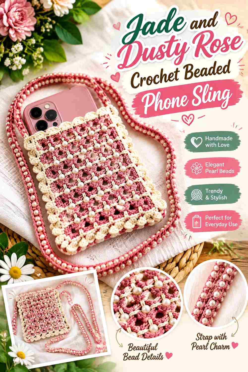 6. Jade And Dusty Rose Crochet Beaded Phone Sling