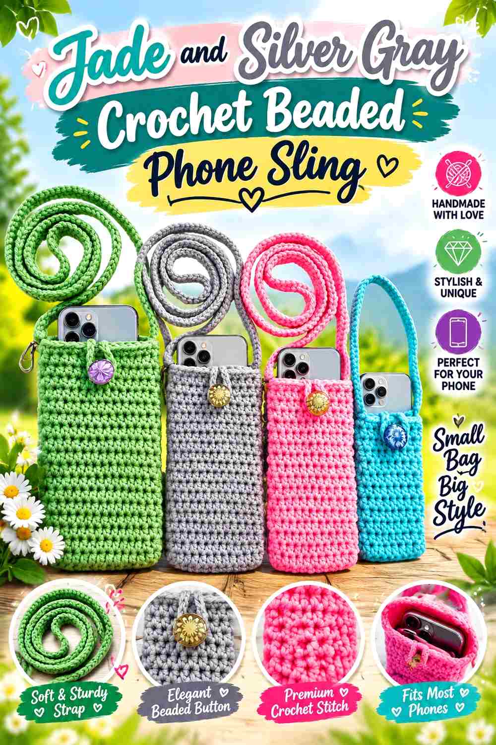 9. Jade And Silver Gray Crochet Beaded Phone Sling