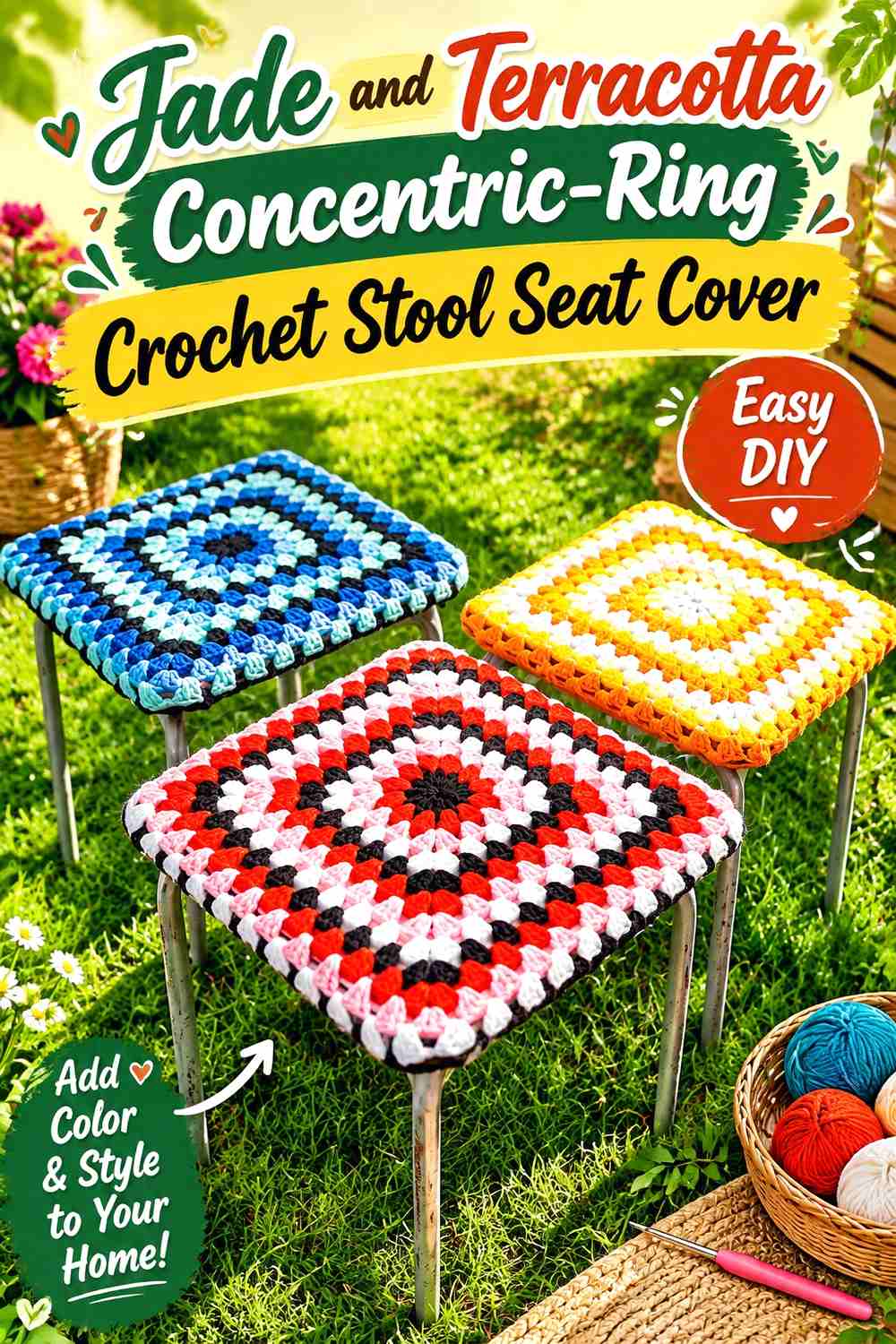 6. Jade And Terracotta Concentric Ring Crochet Stool Seat Cover