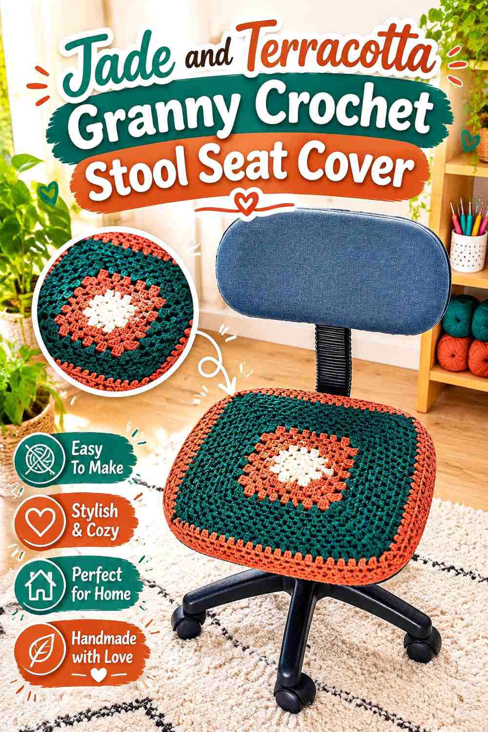 7. Jade And Terracotta Granny Crochet Stool Seat Cover