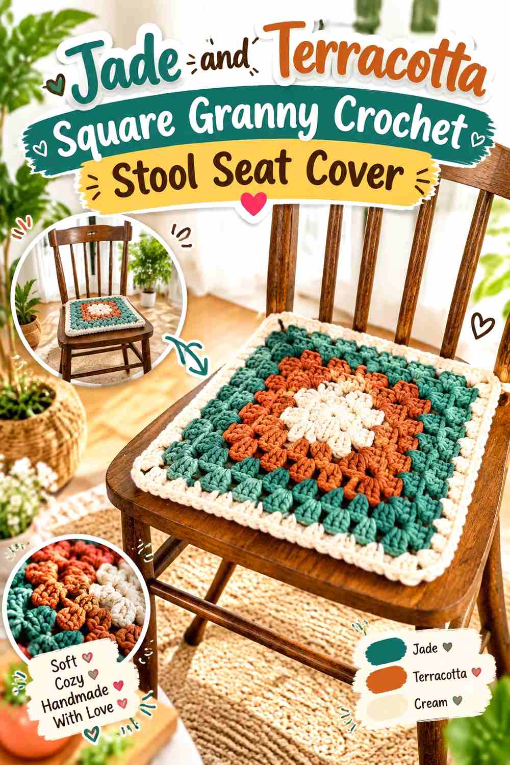 11. Jade And Terracotta Square Granny Crochet Stool Seat Cover