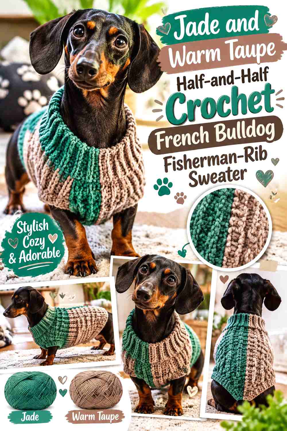 Jade and Warm Taupe Half-and-Half Crochet French Bulldog Fisherman-Rib Sweater