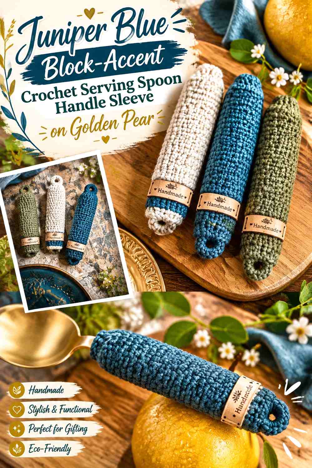 Juniper Blue Block Accent Crochet Serving Spoon Handle Sleeve on Golden Pear