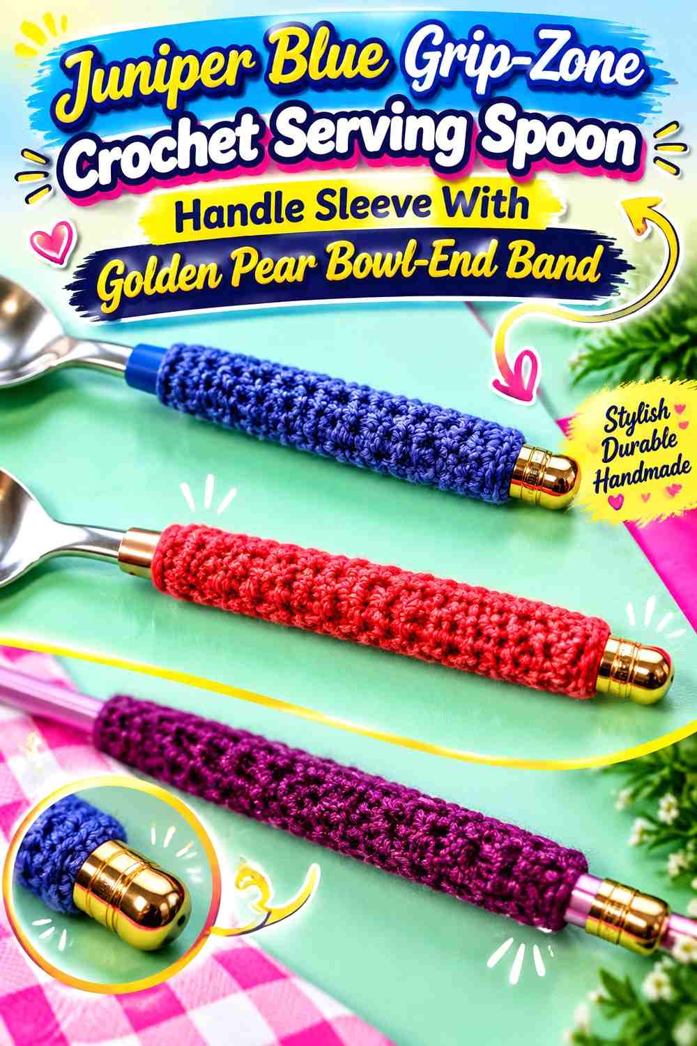 Juniper Blue Grip Zone Crochet Serving Spoon Handle Sleeve With Golden Pear Bowl End Band