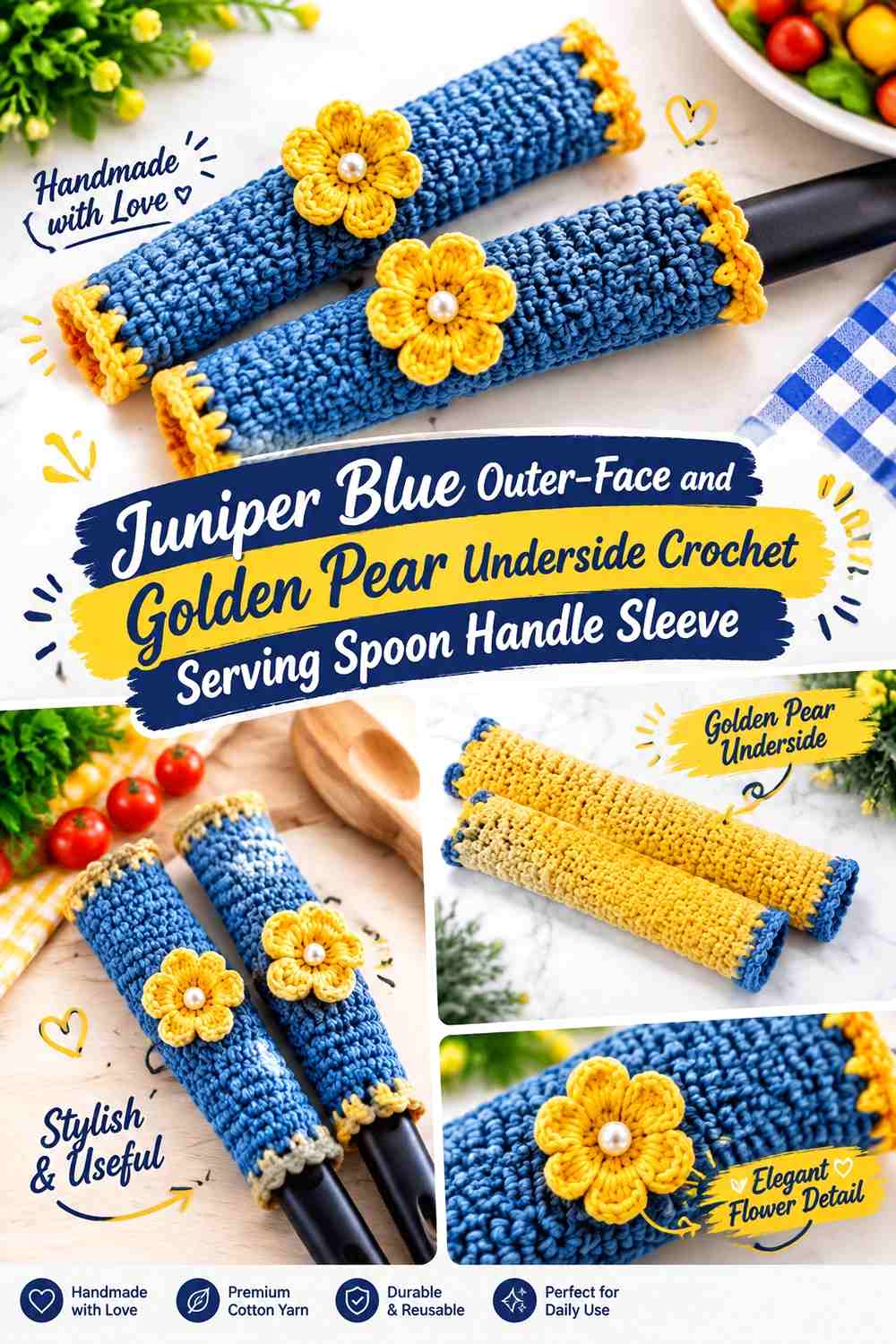 Juniper Blue Outer Face and Golden Pear Underside Crochet Serving Spoon Handle Sleeve