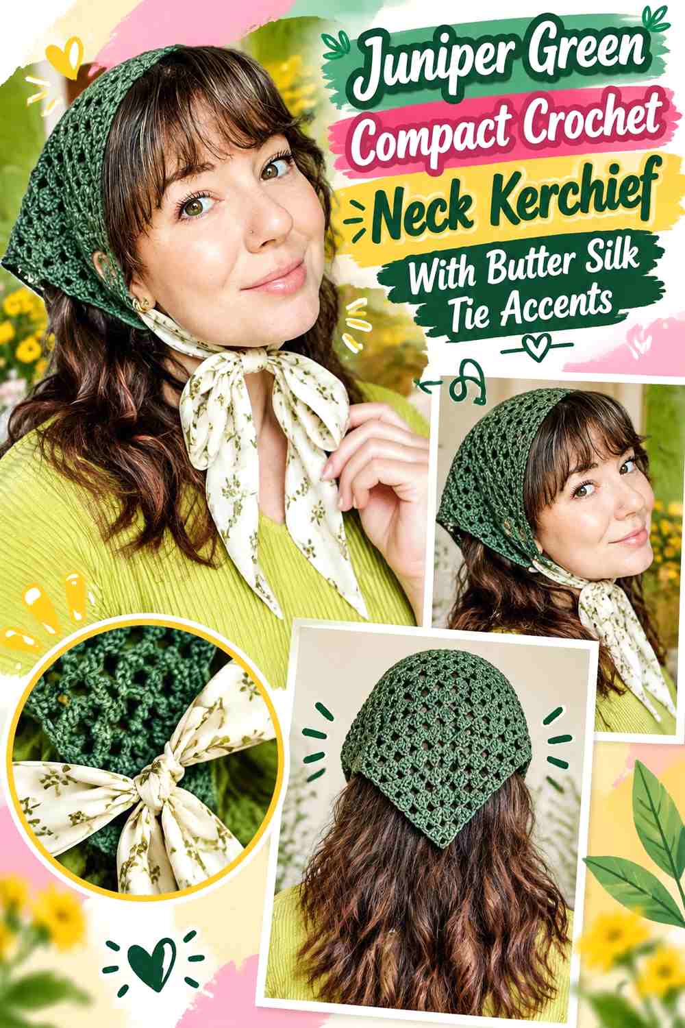 Juniper Green Compact Crochet Neck Kerchief With Butter Silk Tie Accents