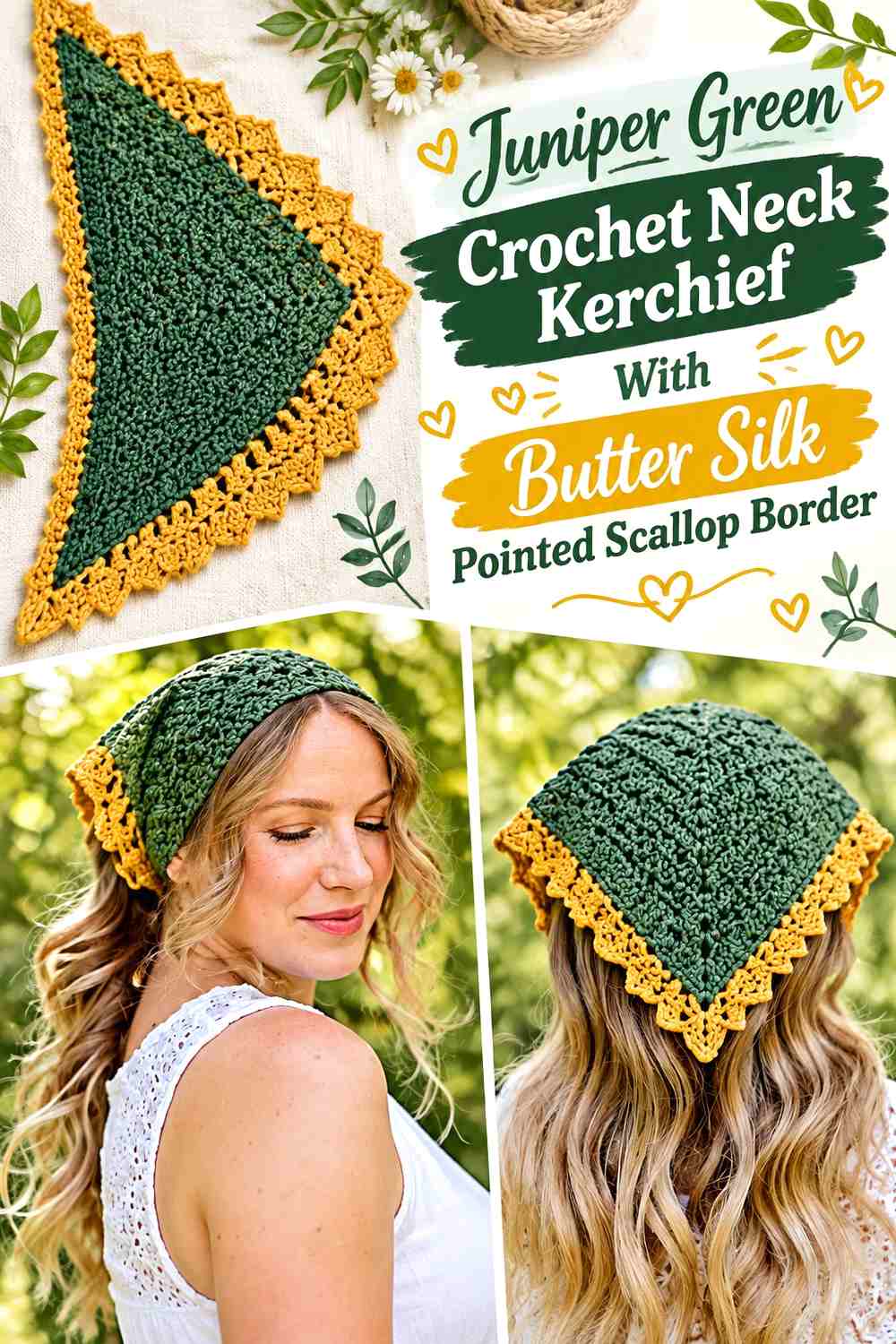 Juniper Green Crochet Neck Kerchief With Butter Silk Pointed Scallop Border