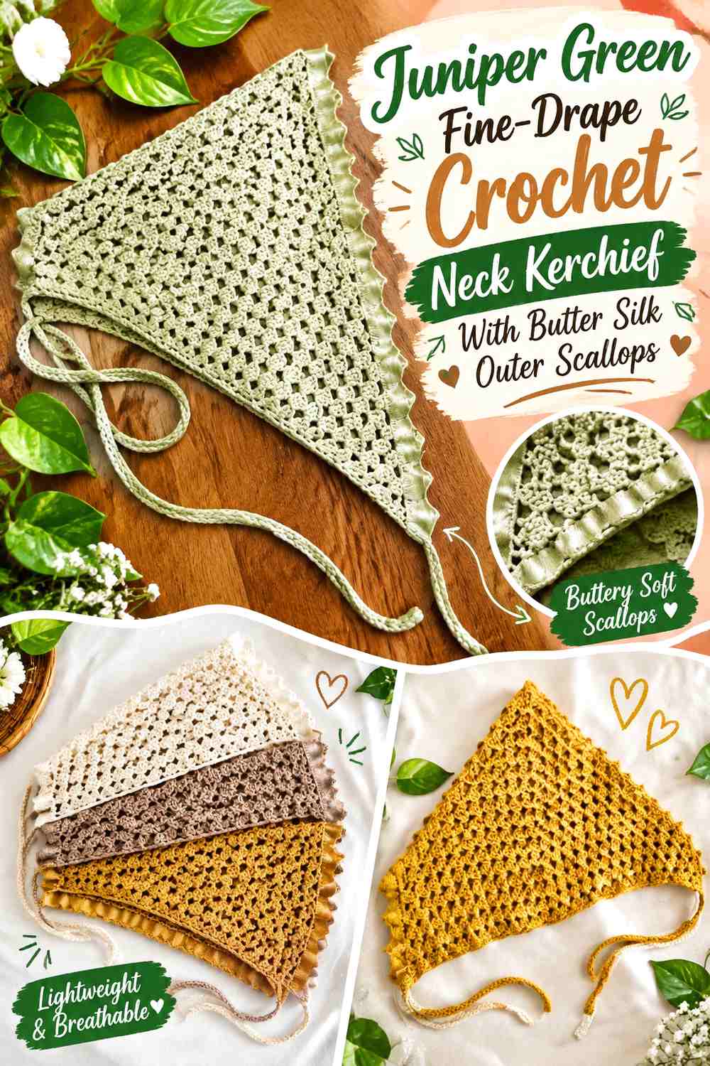 Juniper Green Fine-Drape Crochet Neck Kerchief With Butter Silk Outer Scallops