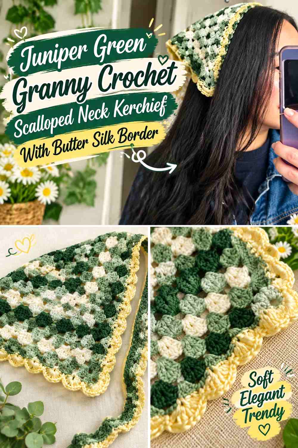 Juniper Green Granny Crochet Scalloped Neck Kerchief With Butter Silk Border