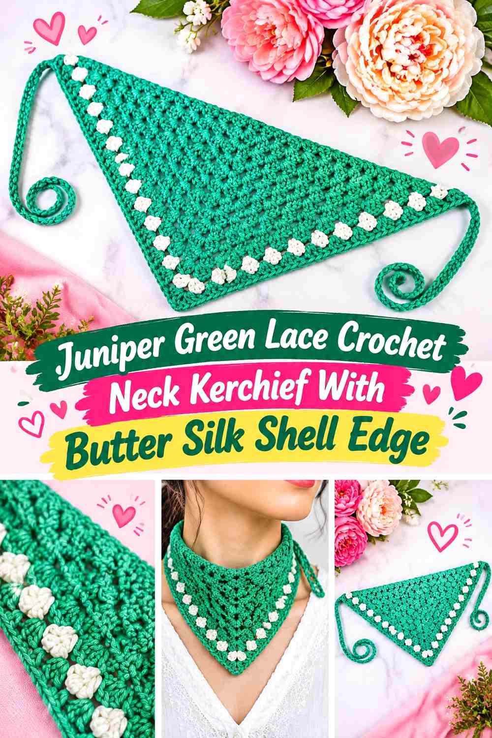 Juniper Green Lace Crochet Neck Kerchief With Butter Silk Shell Edge