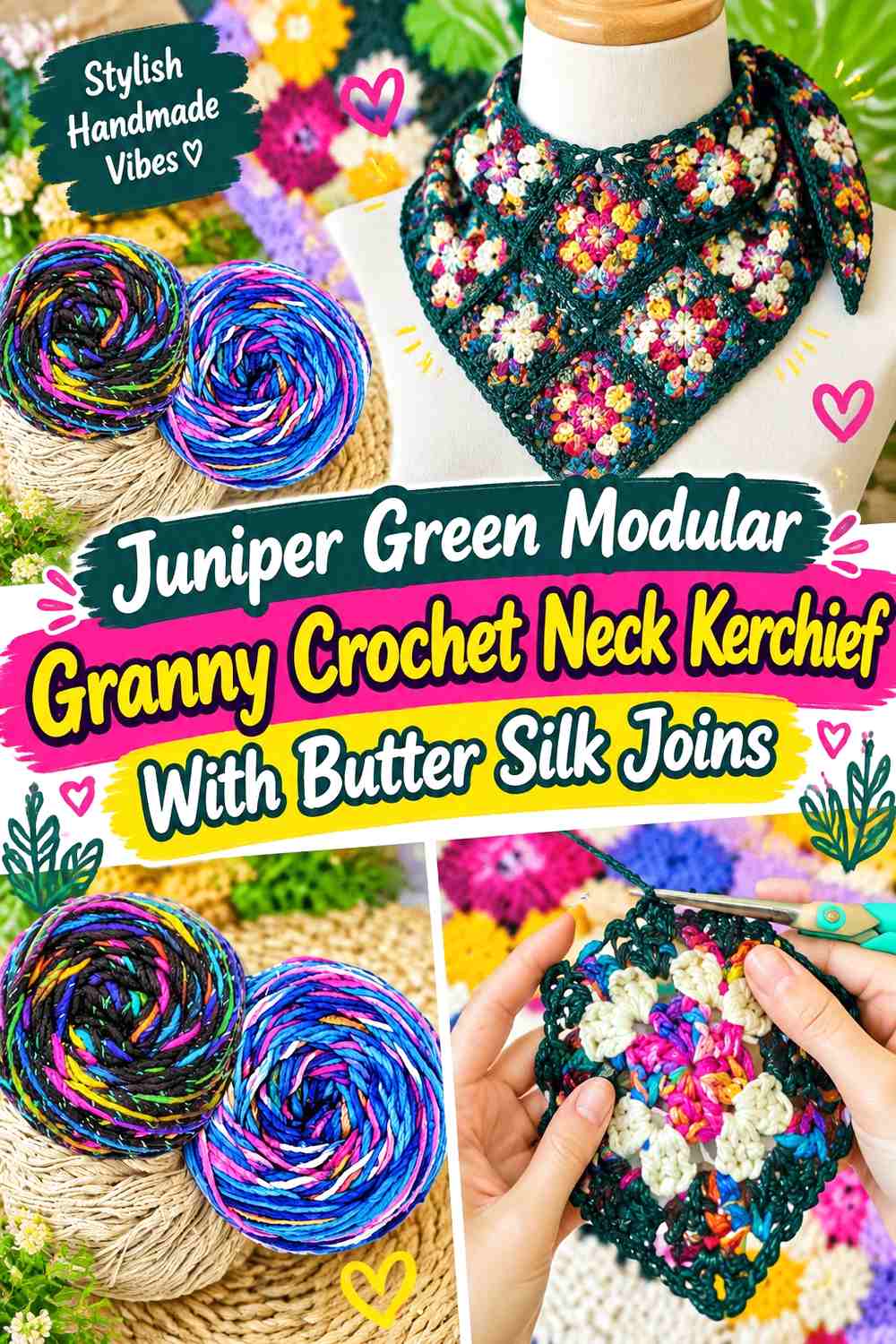 Juniper Green Modular Granny Crochet Neck Kerchief With Butter Silk Joins