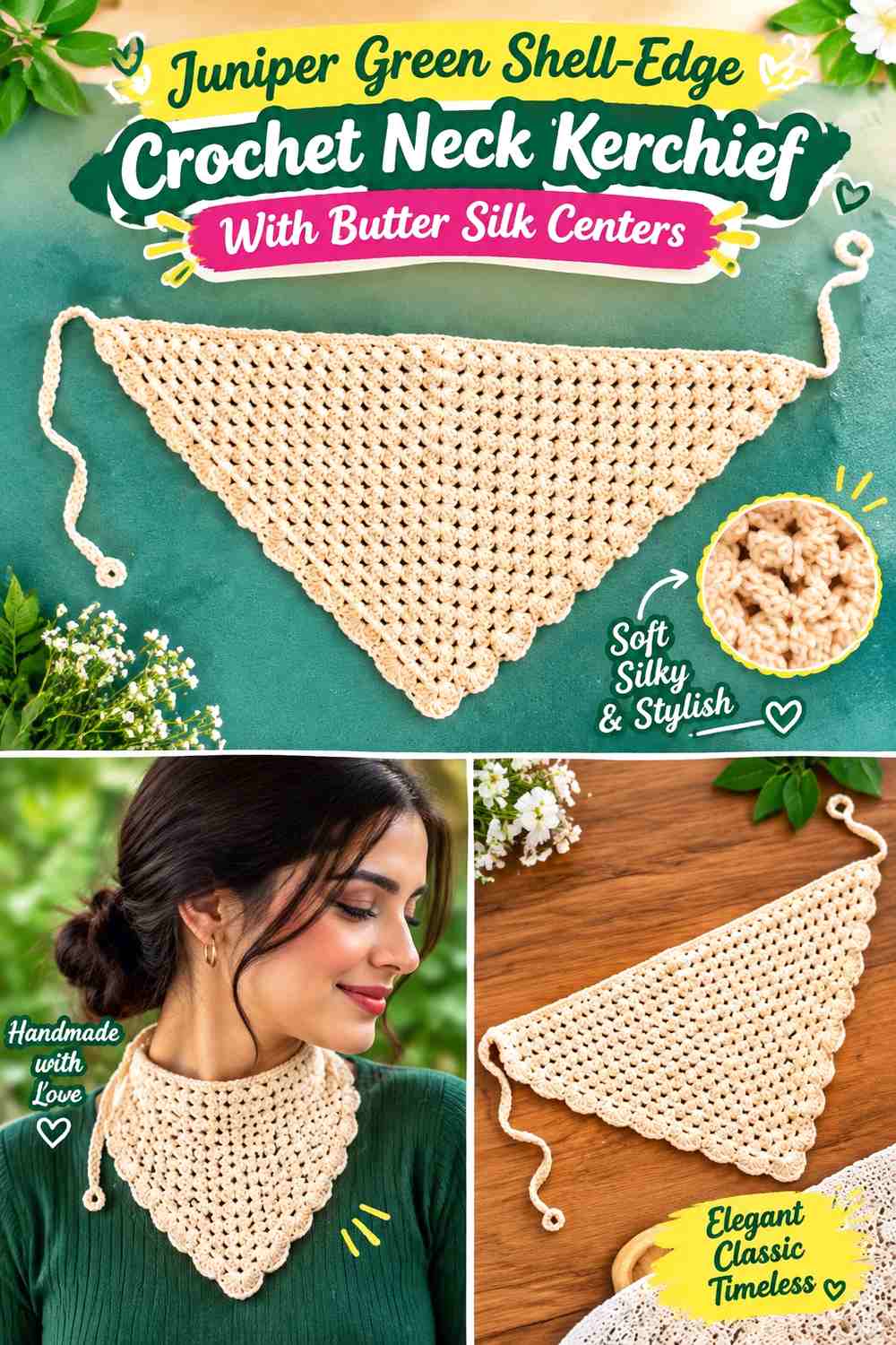 Juniper Green Shell-Edge Crochet Neck Kerchief With Butter Silk Centers