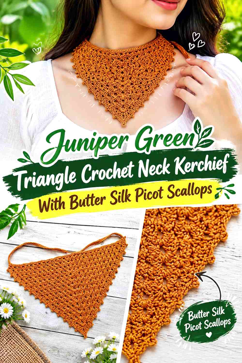Juniper Green Triangle Crochet Neck Kerchief With Butter Silk Picot Scallops
