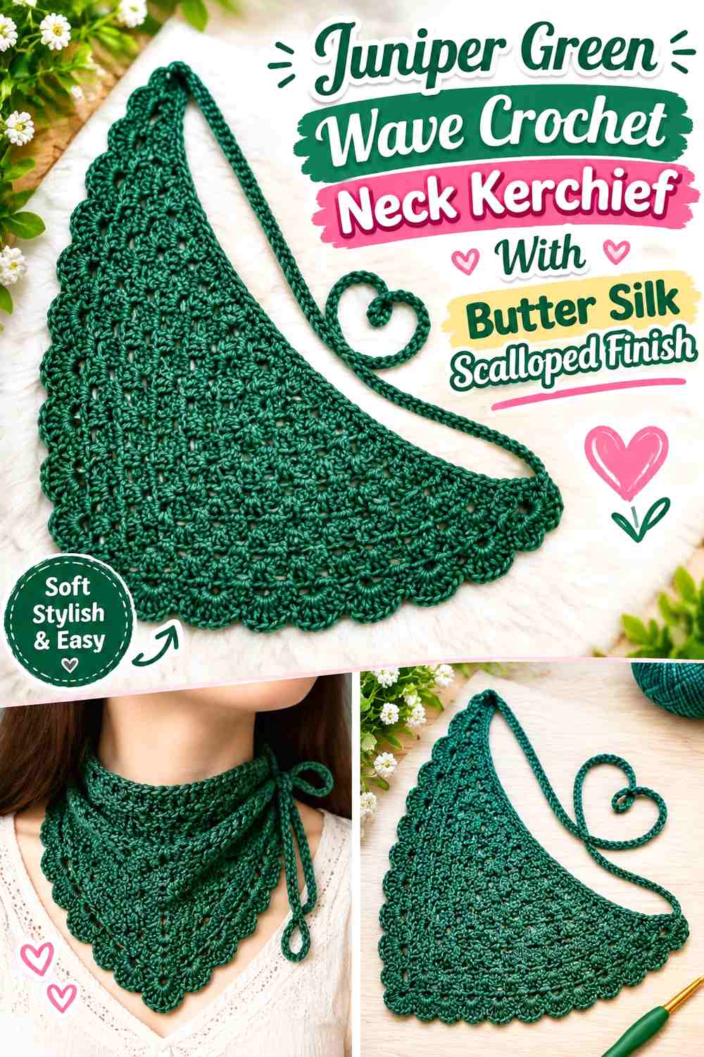 Juniper Green Wave Crochet Neck Kerchief With Butter Silk Scalloped Finish
