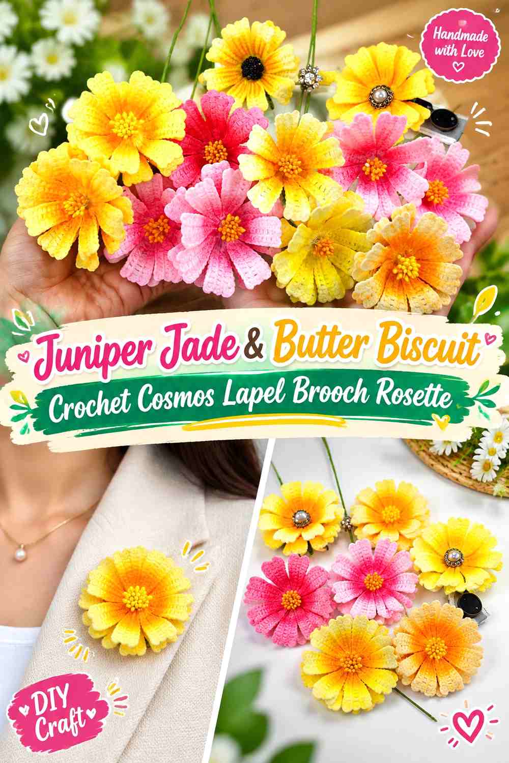 Juniper Jade & Butter Biscuit Crochet Cosmos Lapel Brooch Rosette