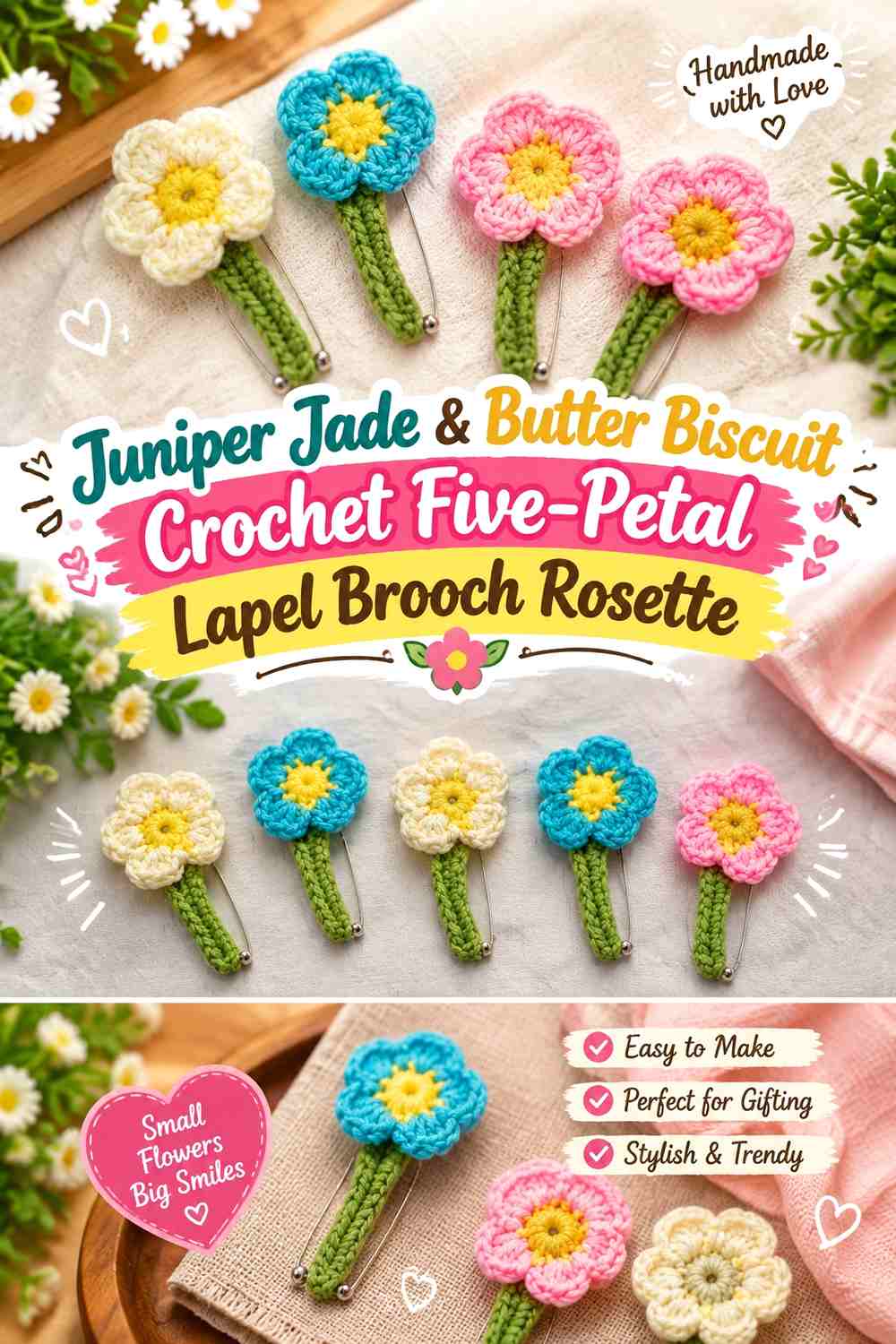 Juniper Jade & Butter Biscuit Crochet Five-Petal Lapel Brooch Rosette