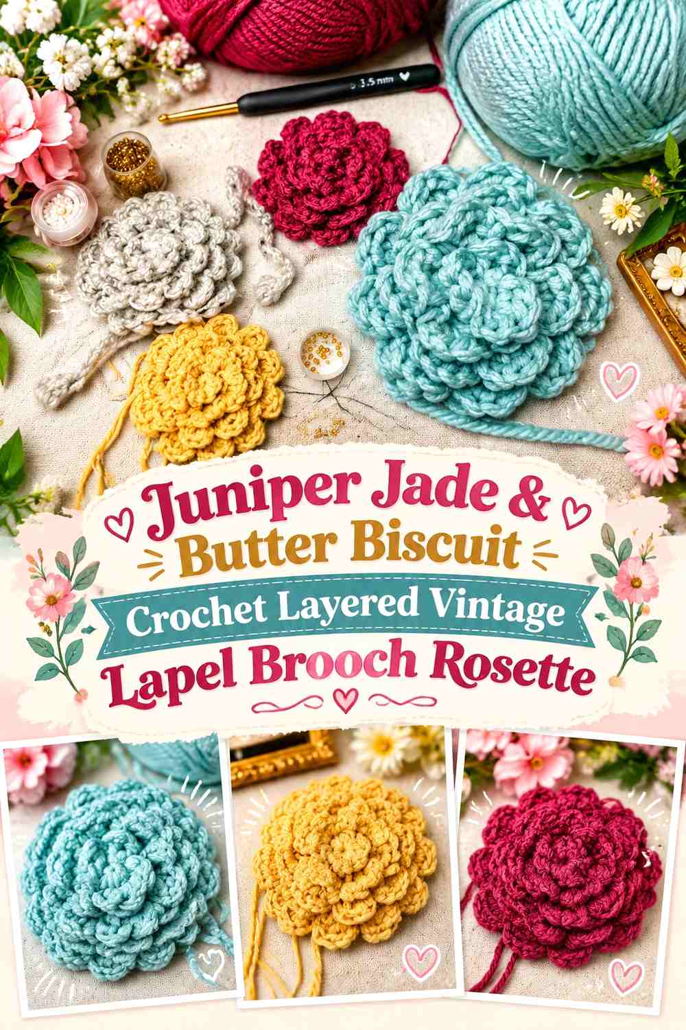 Juniper Jade & Butter Biscuit Crochet Layered Vintage Lapel Brooch Rosette