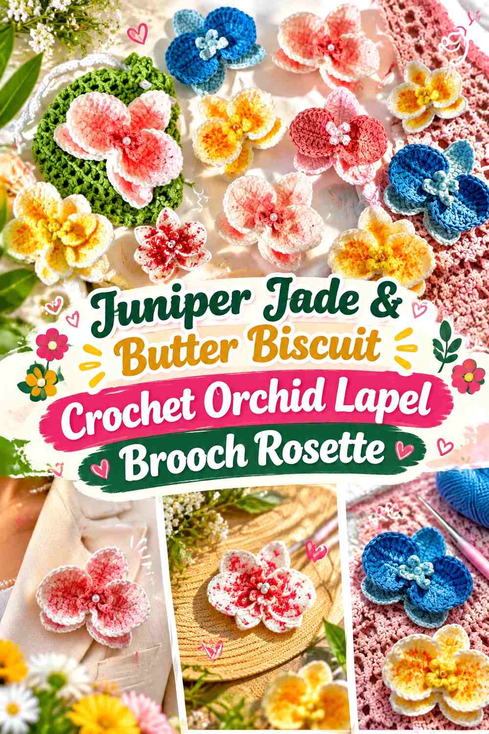 Juniper Jade & Butter Biscuit Crochet Orchid Lapel Brooch Rosette