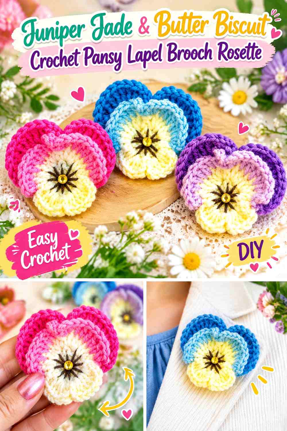 Juniper Jade & Butter Biscuit Crochet Pansy Lapel Brooch Rosette