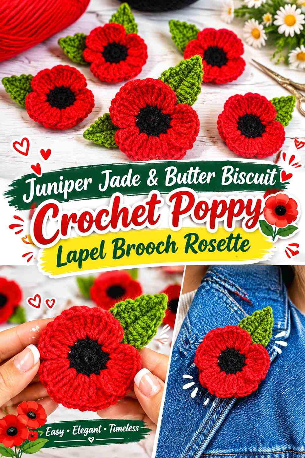 Juniper Jade & Butter Biscuit Crochet Poppy Lapel Brooch Rosette