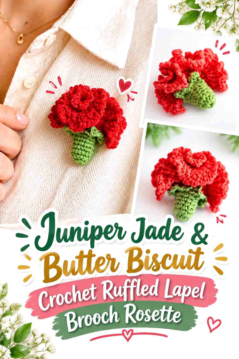 Juniper Jade & Butter Biscuit Crochet Ruffled Lapel Brooch Rosette
