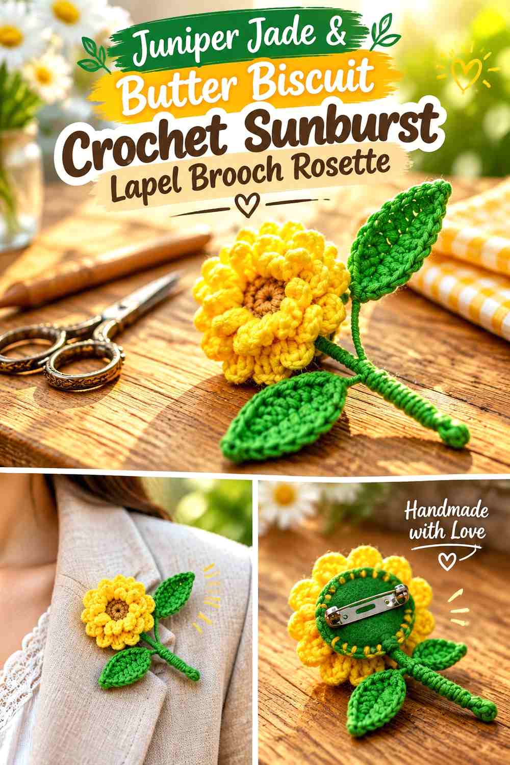 Juniper Jade & Butter Biscuit Crochet Sunburst Lapel Brooch Rosette